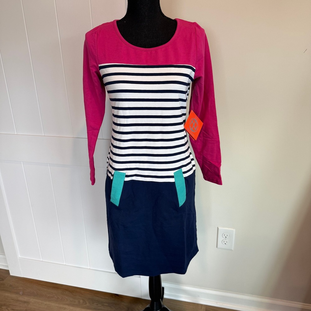 NWT Tracy Negoshian Womens XS Colorblock Striped Long Sleeve Pocket Sheath Dress